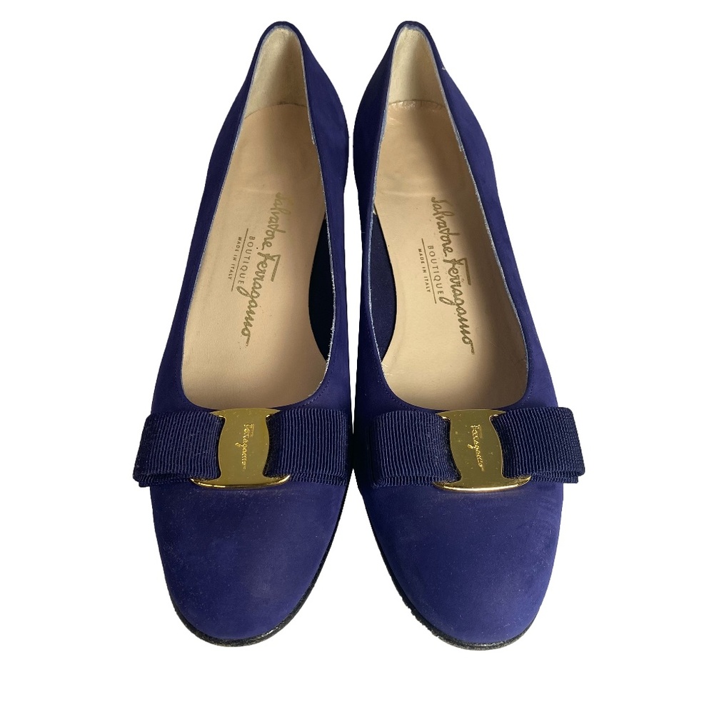 Salvatore Ferragamo ITALY Purple SUEDE Slip On VERA Bow LOGO Flat SHOES size 9AA
